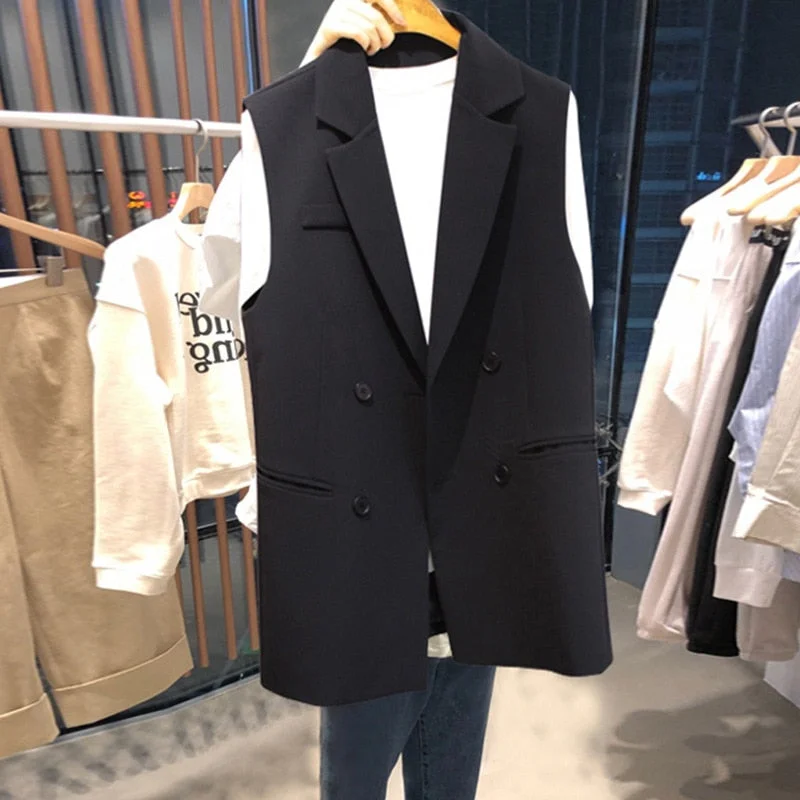2022 Spring and Autumn Women's Suit Black Casual double-breasted long jacket ladies Office blazer sleeveless V-Neck Jacket Boat Neck Jacket Square Neck Jacket 2022 Spring and Autumn Women's Suit Black Casual double-breasted long jacket ladies Office blazer sleeveless V-Neck Jacket Boat Neck Jacket Square Neck Jacket