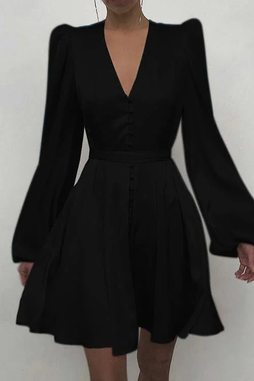 Satin V Neck Puff Long Sleeve Mini Dress Black Short Party Dress cc295 Tunics Business professional Satin V Neck Puff Long Sleeve Mini Dress Black Short Party Dress cc295 Tunics Business professional
