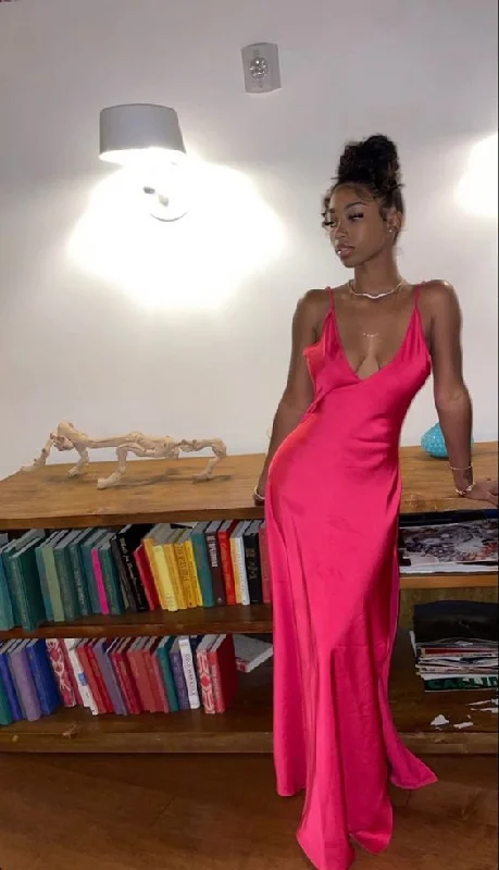 Hot Pink V Neck Spaghetti Straps Long Party Dress Wedding Guest Dress, DP3763 Tunics Custom made Hot Pink V Neck Spaghetti Straps Long Party Dress Wedding Guest Dress, DP3763 Tunics Custom made