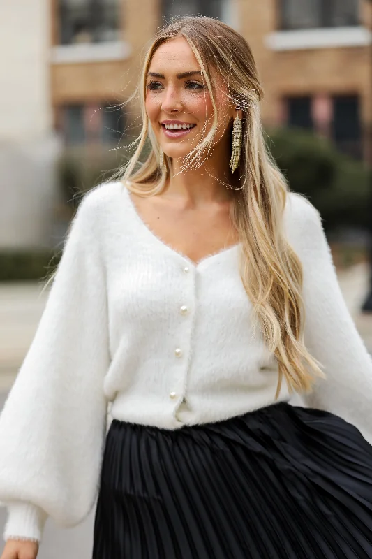 FINAL SALE - Pretty Pizzazz Ivory Fuzzy Knit Pearl Sweater Cardigan Cashmere Blend Cotton Blend Poly Blend FINAL SALE - Pretty Pizzazz Ivory Fuzzy Knit Pearl Sweater Cardigan Cashmere Blend Cotton Blend Poly Blend