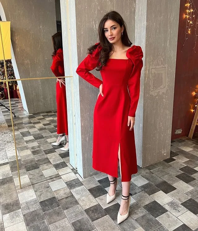 Retro Style Red Party Dress With Split  cc636 Pleated Skirt Elegant