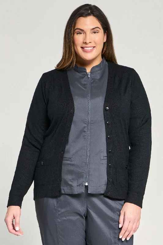 Ladies' 2 Pocket V-Neck Cardigan Sweater - Black Anti-Pilling Anti-Shrink Durable
