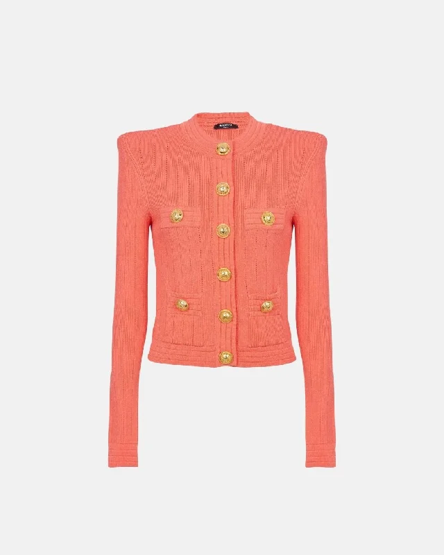 Balmain Women Buttoned Fine Knit Cardigan Salmon Iron Safe Non-Iron Wrinkle Free