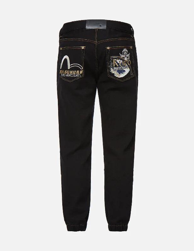 Hannya and The Great Wave Embroidery Denim Jogger Pants Comfortable Jogger Trousers