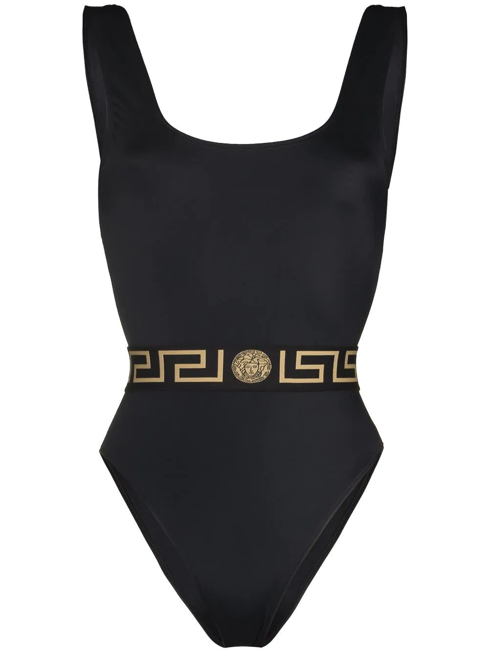 Versace Black Greca Key Swimsuit Ruffled Swimsuit Top