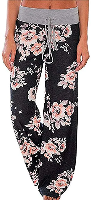 Askwind Women's Floral Print Comfy Stretch Drawstring Palazzo Wide Leg Lounge Pants Formal Stretch Pants