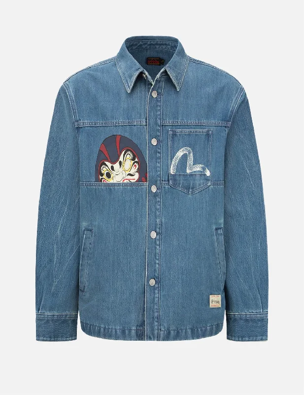 Vintage Daruma Print Denim Shirt Jacket Fitted Jacket Loose Jacket Oversized Jacket