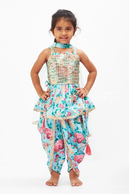 Floral Elegance Kurti with Dhoti Pant Set for Girls Slim-Fit Leggings