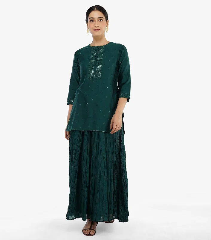 Emerald Green Chanderi Kurta with Skirt - Set of 2 ruffled skirt detail