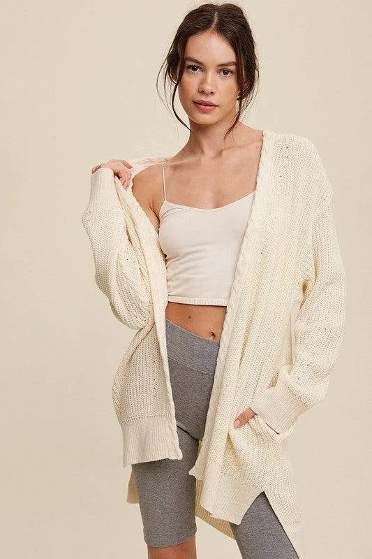Listicle Cable Knit Open Front Long Cardigan Seamless Knitted Crochet