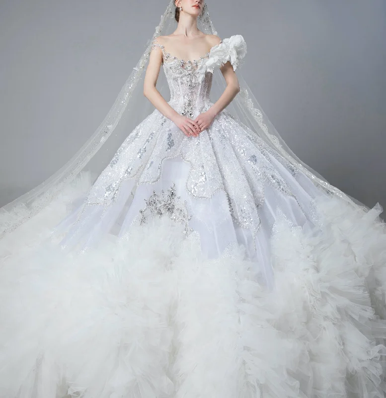 Ball Gown With Strapless Bodice And Ruffled Tulle Skirt leather skirt durable