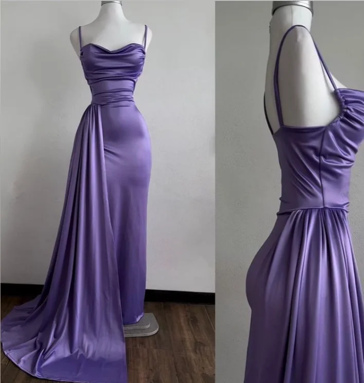 Purple Spaghetti Straps Sheath Satin Long Evening Party Dress DP3936 Tunics Timeless classic Purple Spaghetti Straps Sheath Satin Long Evening Party Dress DP3936 Tunics Timeless classic