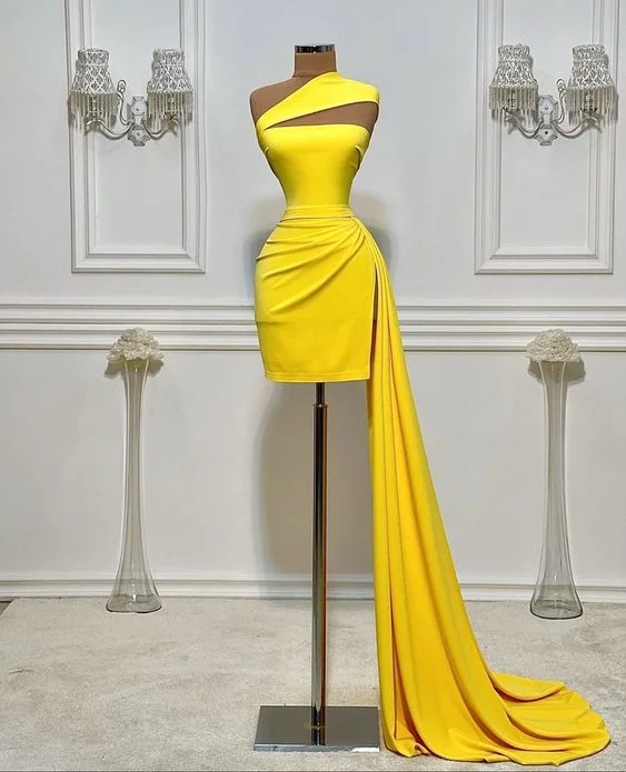 Yellow dinner short gown simple party dress  c2653 Tunics Sophisticated sleek