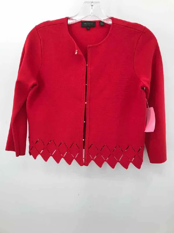 Pre-Owned Ted Baker Red Size 4 Cardigan Sweater Solid Color Striped Floral Print
