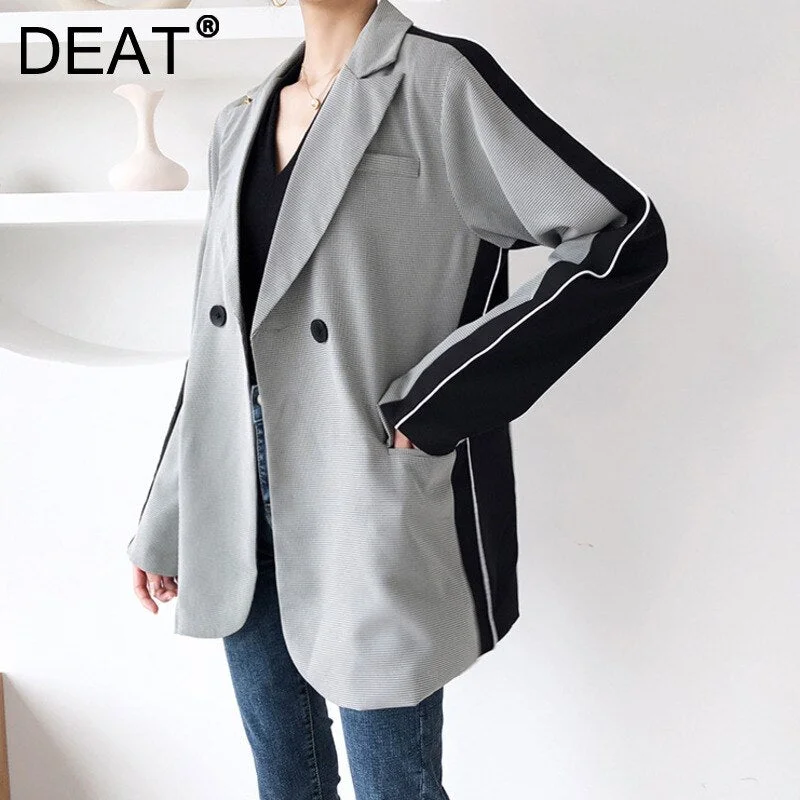 DEAT Woman Blazer Black Back Hit Color White Striped Long Sleeve Notched Casual Style Jacket 2022 Autumn Korean 15XM390 Anorak Shell Jacket Lightweight Jacket DEAT Woman Blazer Black Back Hit Color White Striped Long Sleeve Notched Casual Style Jacket 2022 Autumn Korean 15XM390 Anorak Shell Jacket Lightweight Jacket
