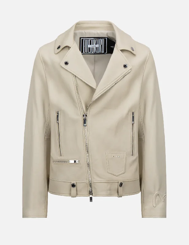 Seagull Embossed Leather Biker Jacket Tiered Jacket Buttoned Jacket Zippered Jacket