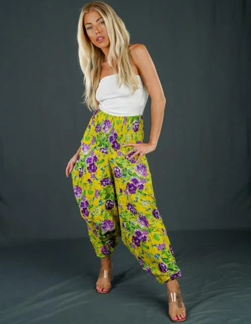 Boho Festival Yellow & Purple Floral Harem Pants Warm Wool Trousers