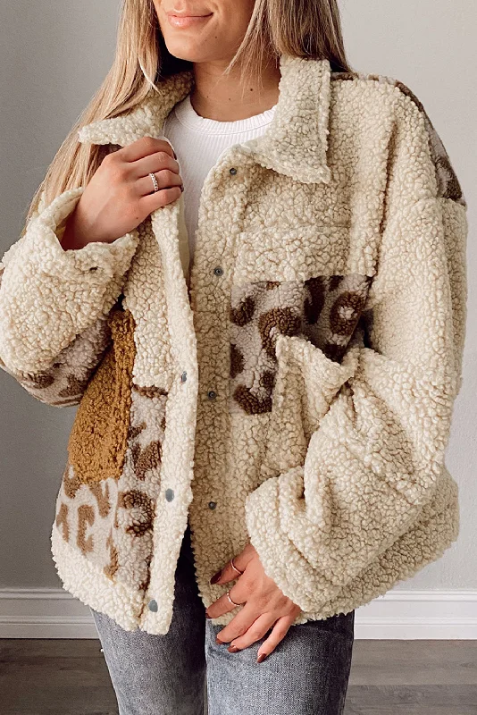 Beige Leopard Patchwork Snap Buttons Sherpa Jacket Corduroy Jacket Velvet Jacket Brocade Jacket Beige Leopard Patchwork Snap Buttons Sherpa Jacket Corduroy Jacket Velvet Jacket Brocade Jacket