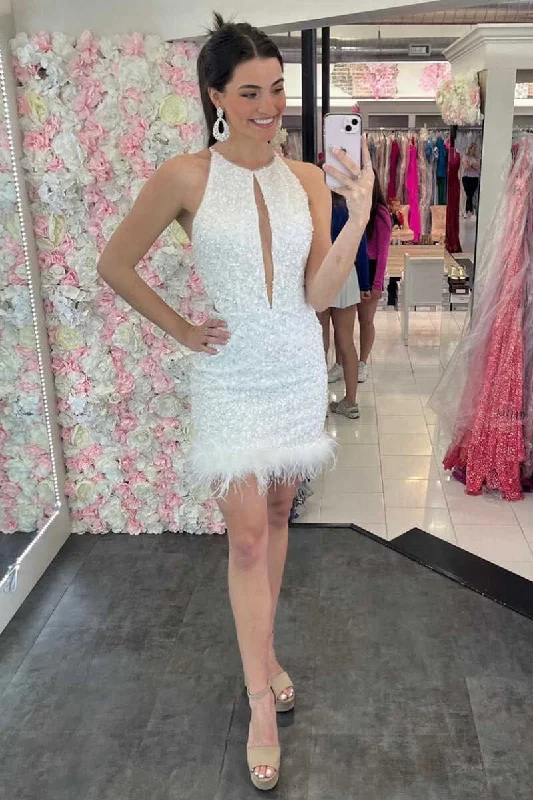 White Sequins Halter Keyhole Mini Party Dress  c3122 Tunics Exclusive limited