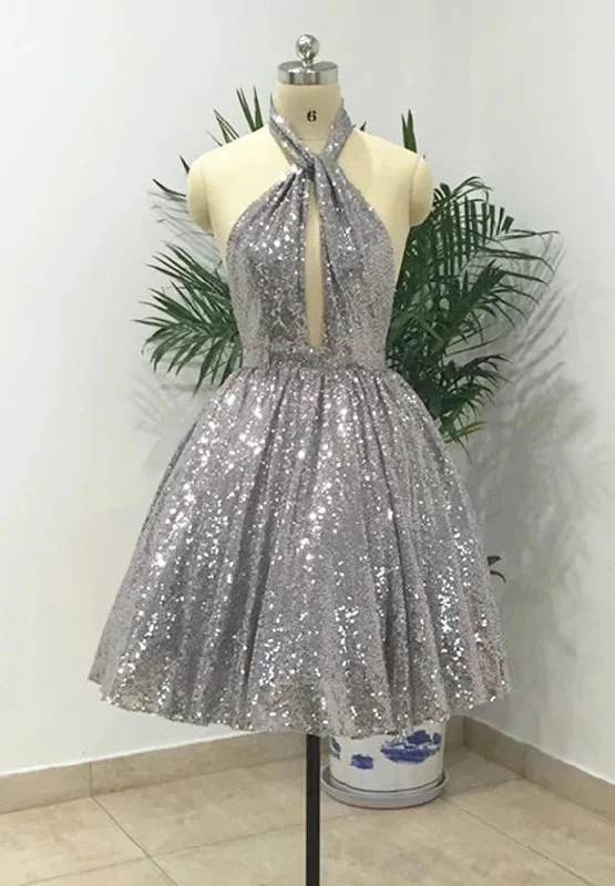 Silver Halter Sequined Backless Short Homecoming Dress, Sparkly Party Dress C1242 Tunics Occasion special Silver Halter Sequined Backless Short Homecoming Dress, Sparkly Party Dress C1242 Tunics Occasion special