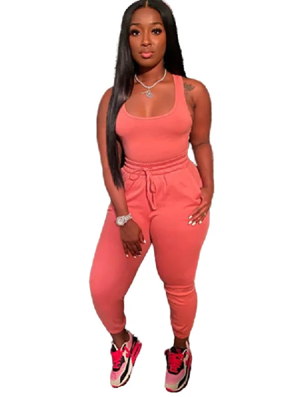 2 Piece Sleeveless Solid Color Tank Tops+Pants Sets v-neck tank top
