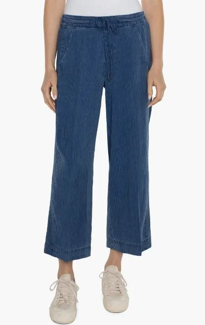 Liverpool Pull-On Wide Leg Pant with Tie Front Waist Indigo Pinstripe Soft Stretch Pants Liverpool Pull-On Wide Leg Pant with Tie Front Waist Indigo Pinstripe Soft Stretch Pants