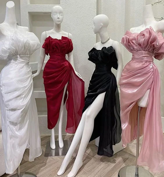 Wine Red Strapless Sheath Chiffon Long Party Dress with Slit, DP3575 Tunics Chic fashionable