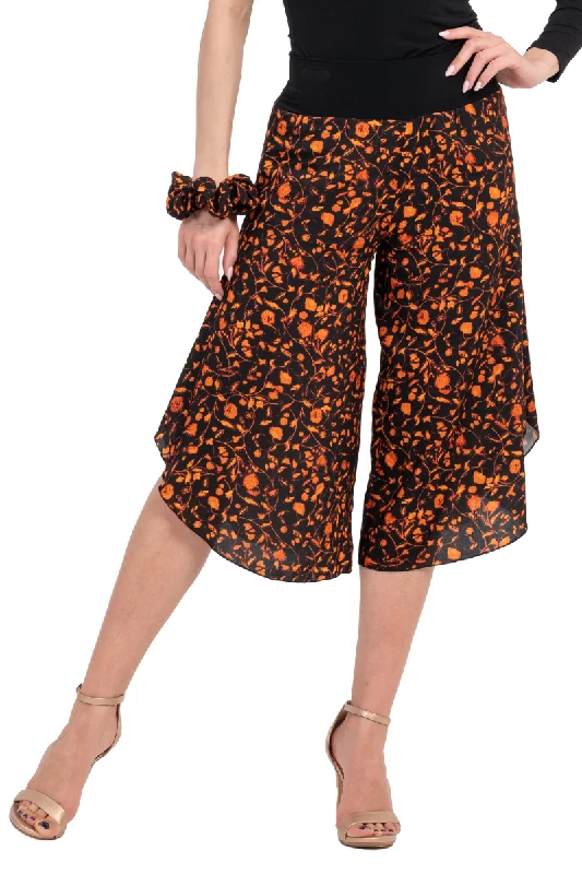 Bronze Orange Floral Print Tango Capri Pants Soft Cotton Pants