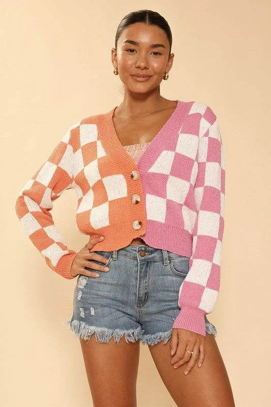 Two tone checkered cropped knit cardigan Patchwork Embroidered Appliqued