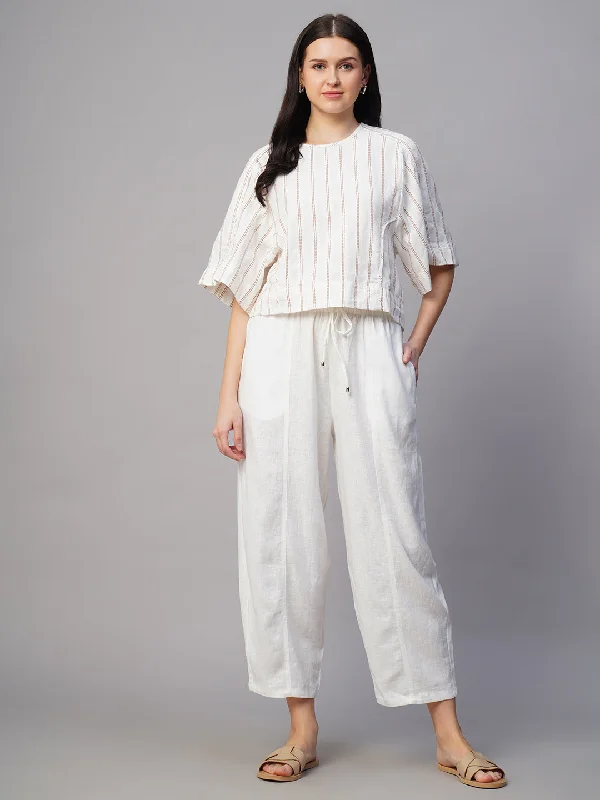 Women's White Linen Viscose Regular Fit Pant Cozy Full-Length Pants
