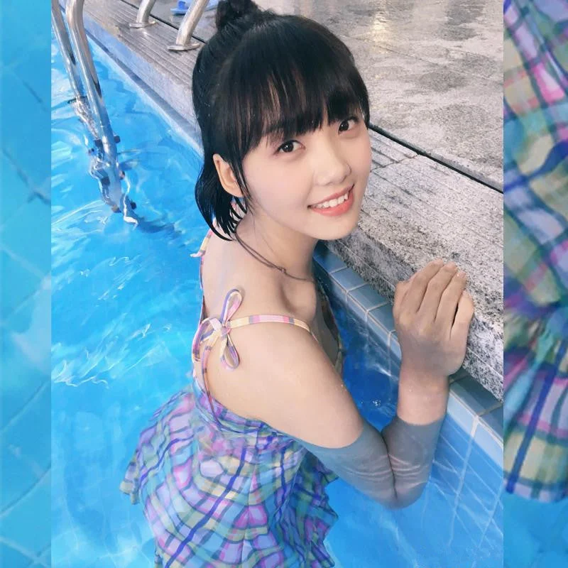 Purple Plaid dress swimsuit  KF81227 Solid Color Swimsuit