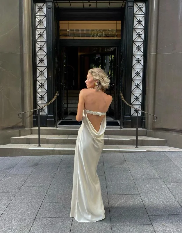 Ivory Strapless Open Back Sheath Satin Long Party Dress, DP3766 Tunics Fall fleece