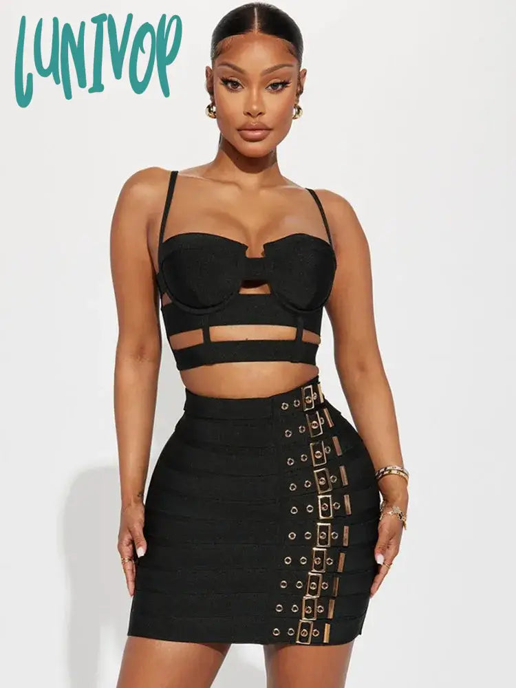 Lunivop Women Celebrity Sexy Cut Out Buckles Black White Mini Bodycon Bandage Skirt Set Elegant Evening Club Party Outfits leather skirt refined Lunivop Women Celebrity Sexy Cut Out Buckles Black White Mini Bodycon Bandage Skirt Set Elegant Evening Club Party Outfits leather skirt refined