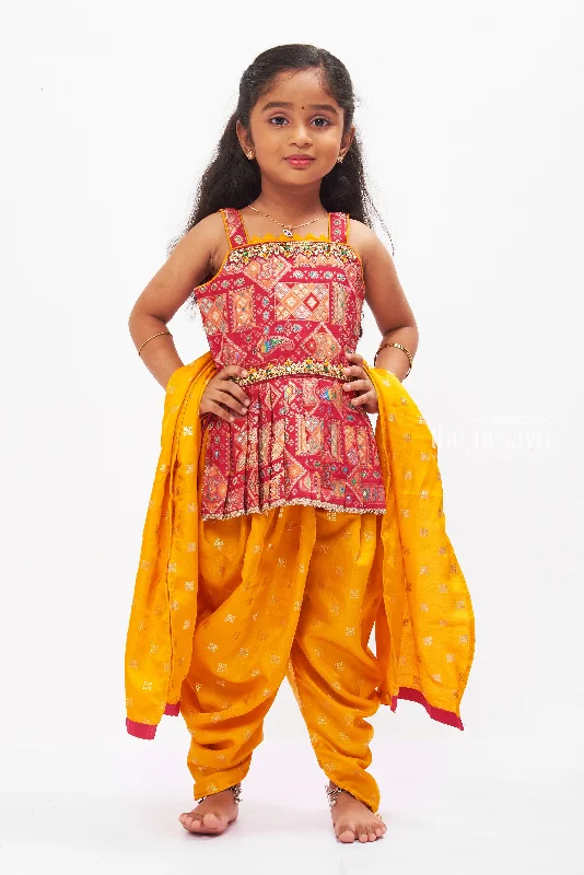 Ethnic Bandhani Print Kurti with Vibrant Yellow Dhoti Pant Set for Girls Trendy Printed Pants