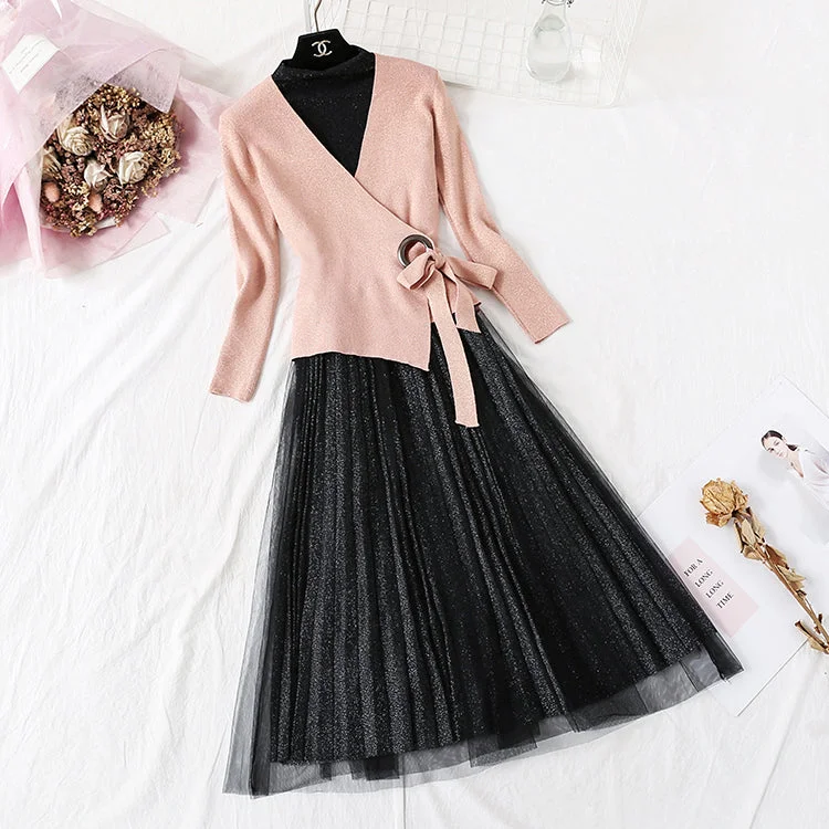 New long sleeve top pleated yarn skirt  2356 flowy skirt hem