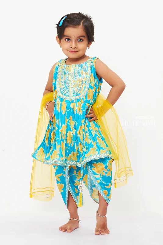 Girls Sunshine Blue Kurti with Dhoti Pant Set - Vibrant and Versatile Relaxed Casual Leggings