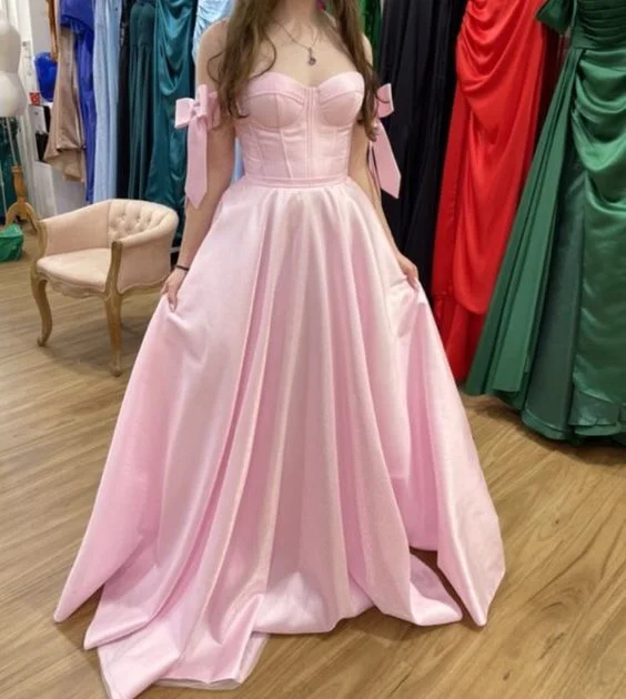 Pink Off Shoulder Sweetheart A-Line Satin Long Formal Party Dress, DP3739 Tunics Practical easy-care