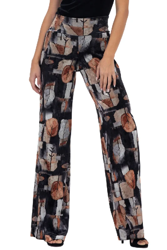 Abstract Leaf Print Velvet Wide Leg Pants Relaxed Lounge Trousers