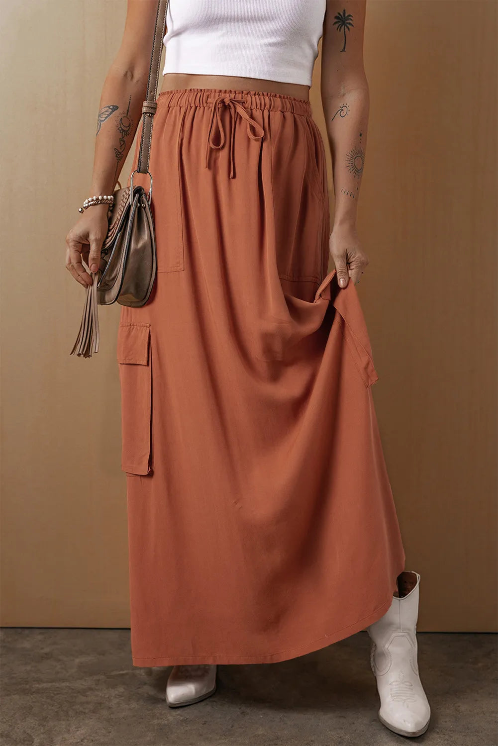 Drawstring Maxi Skirt with Pockets wrap skirt elegant