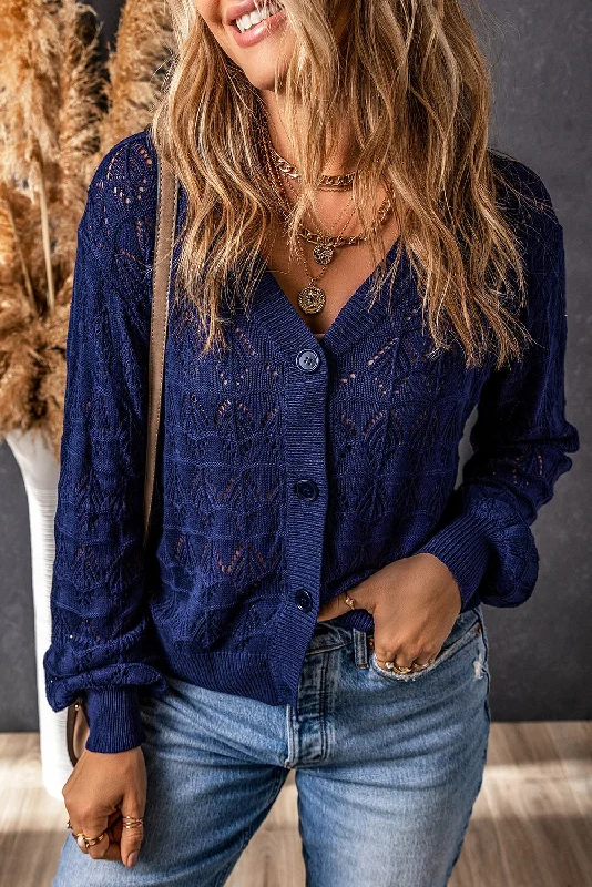Blue Crochet Hollow-Out Cardigan with Buttoned Front Wool Cardigan Cotton Cardigan Cashmere Cardigan Blue Crochet Hollow-Out Cardigan with Buttoned Front Wool Cardigan Cotton Cardigan Cashmere Cardigan