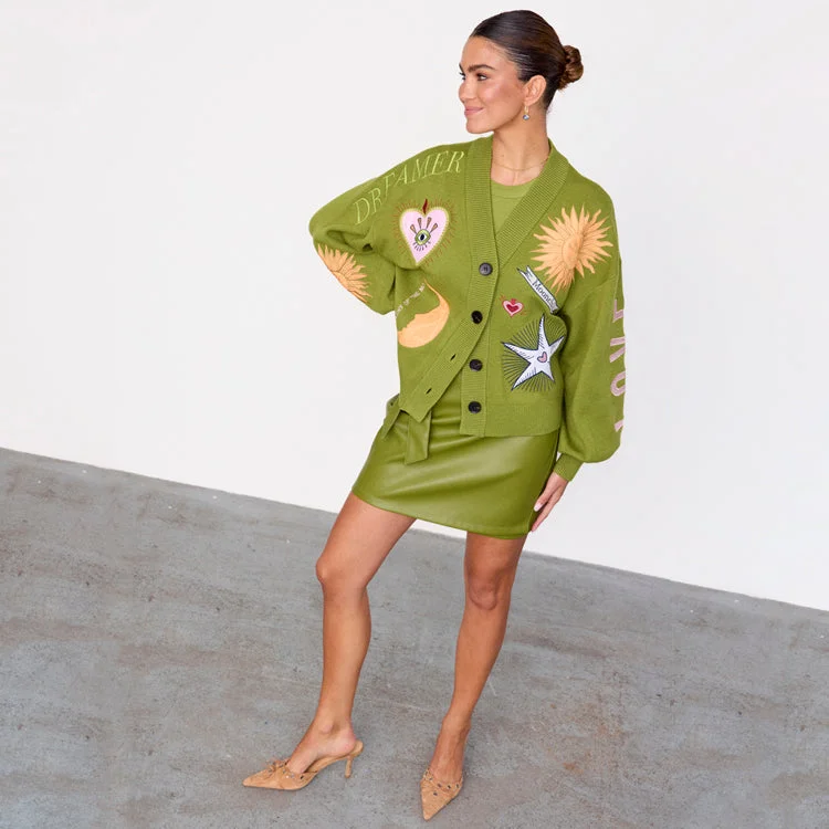 Green Mystical Knit Cardigan Cable Knit Ribbed Knit Lace Knit