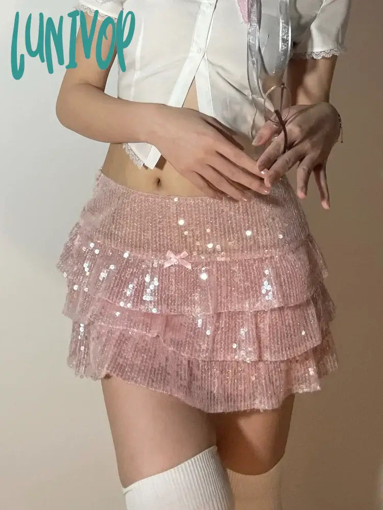 Lunivop  Pink Sequin Mini Skirt Women Coquette Low Waist Ruffle Patchwork Cute Sexy Micro Skirt Y2K Summer Kawaii Fashion Party tulle skirt dreamy