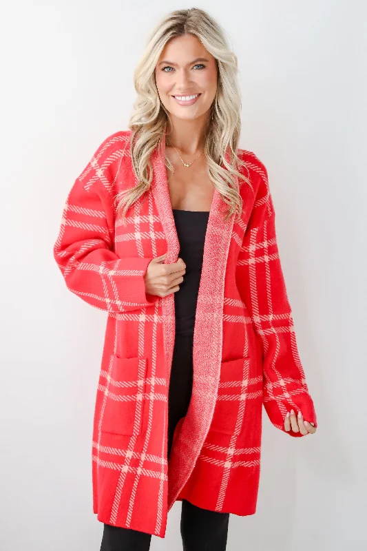 FINAL SALE - Beyond Cuddly Red Plaid Sweater Cardigan Zippered Buttoned Snapped