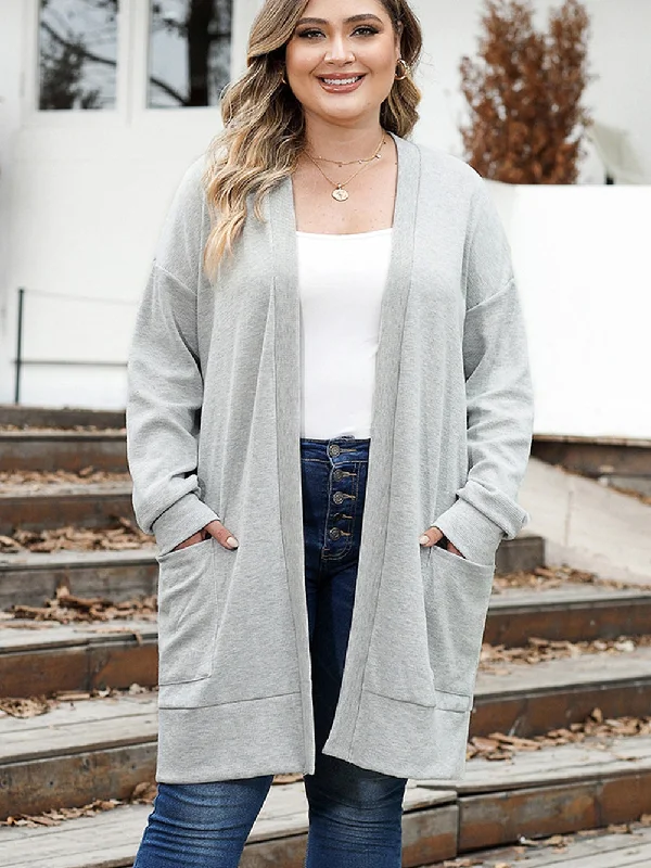 Thermal Knit Pocketed Plus Size Cardigan Stretchy Elastic Breathable