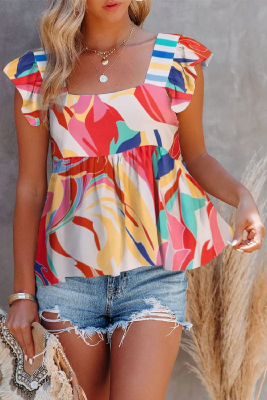 Abstract Print Square Neck Multicolor Tank Top yoga tank top