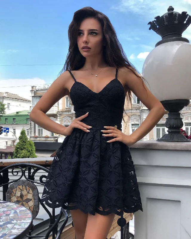 Stylish A Line Spaghetti Straps Black Short Homecoming Party Dress C770 Off-the-shoulder Chic Trendy Stylish A Line Spaghetti Straps Black Short Homecoming Party Dress C770 Off-the-shoulder Chic Trendy