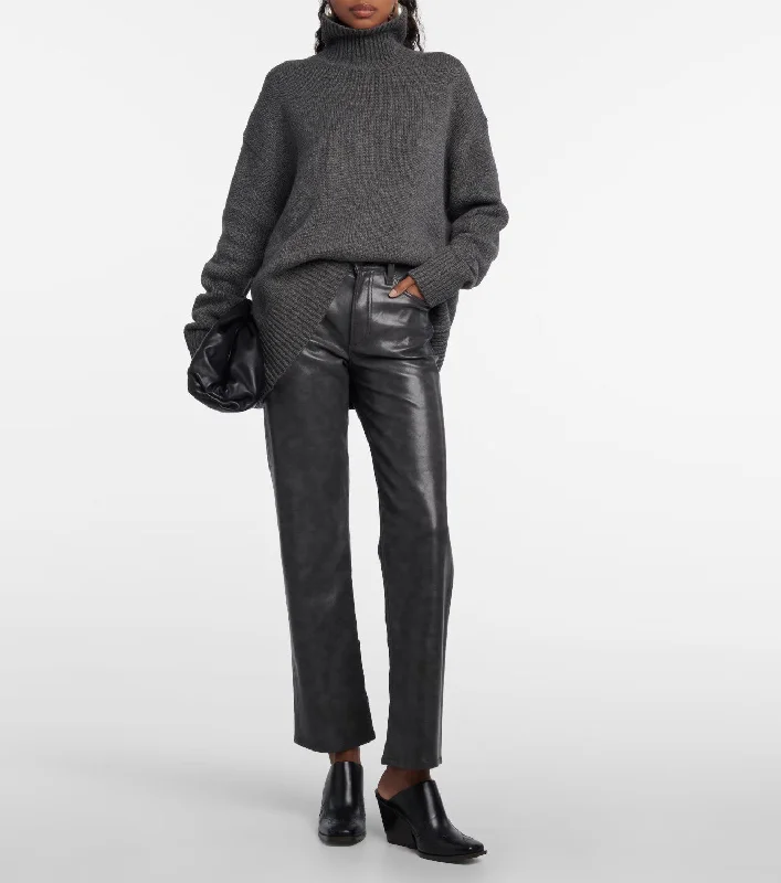 Agolde Sloane Mid-Rise Leather Straight Pants in Smoke Grey High-Waist Jeans