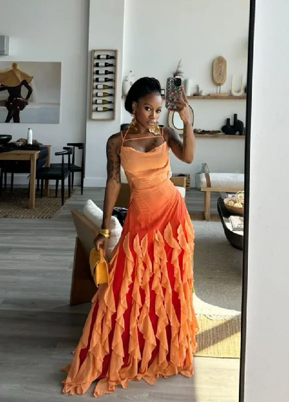 Orange Spaghetti Straps A-Line Ruffles Chic Long Party Dress DP3849 Tunics Travel practical Orange Spaghetti Straps A-Line Ruffles Chic Long Party Dress DP3849 Tunics Travel practical