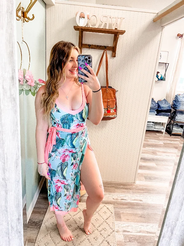 Adaline - Pink and Turquoise Tropical Print Tie Shoulder Swimsuit & Cover Up (2 Piece Set) Luxury Swimsuit Style