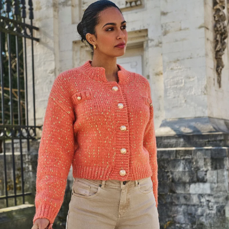 Esqualo Sparkle Cardigan With Gold Lurex Buttons | Orange Silk Blend Satin Velvet